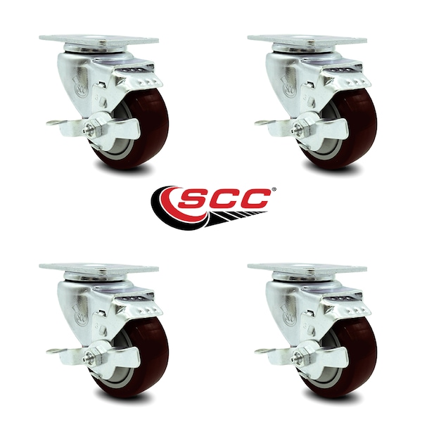 3.5 Inch Maroon Polyurethane Wheel Swivel Top Plate Caster Set With Brake SCC
